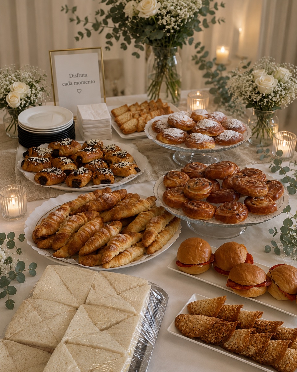 Mesa de catering con bollería y salados