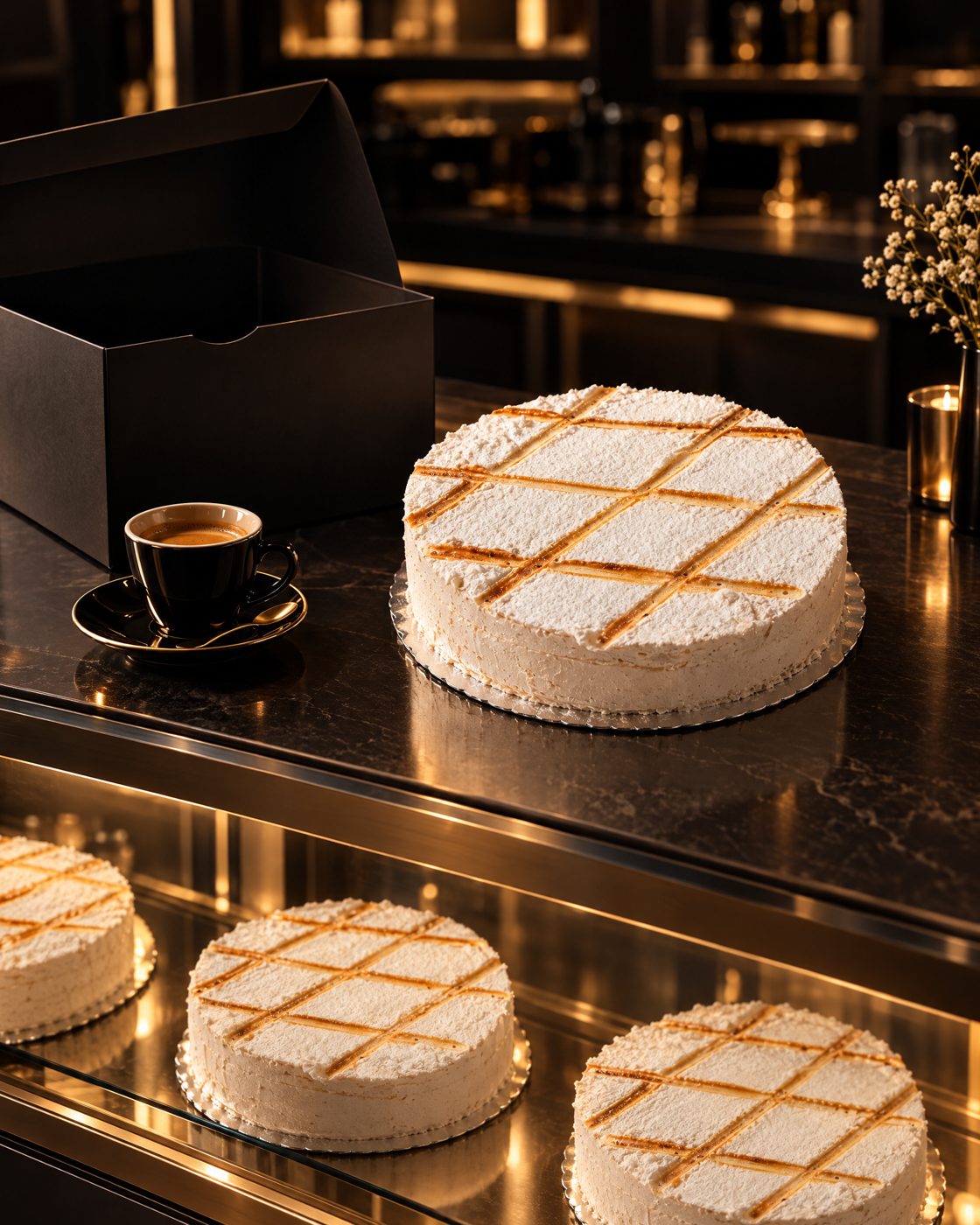 Tartas Suspiro en la vitrina de una cafetería