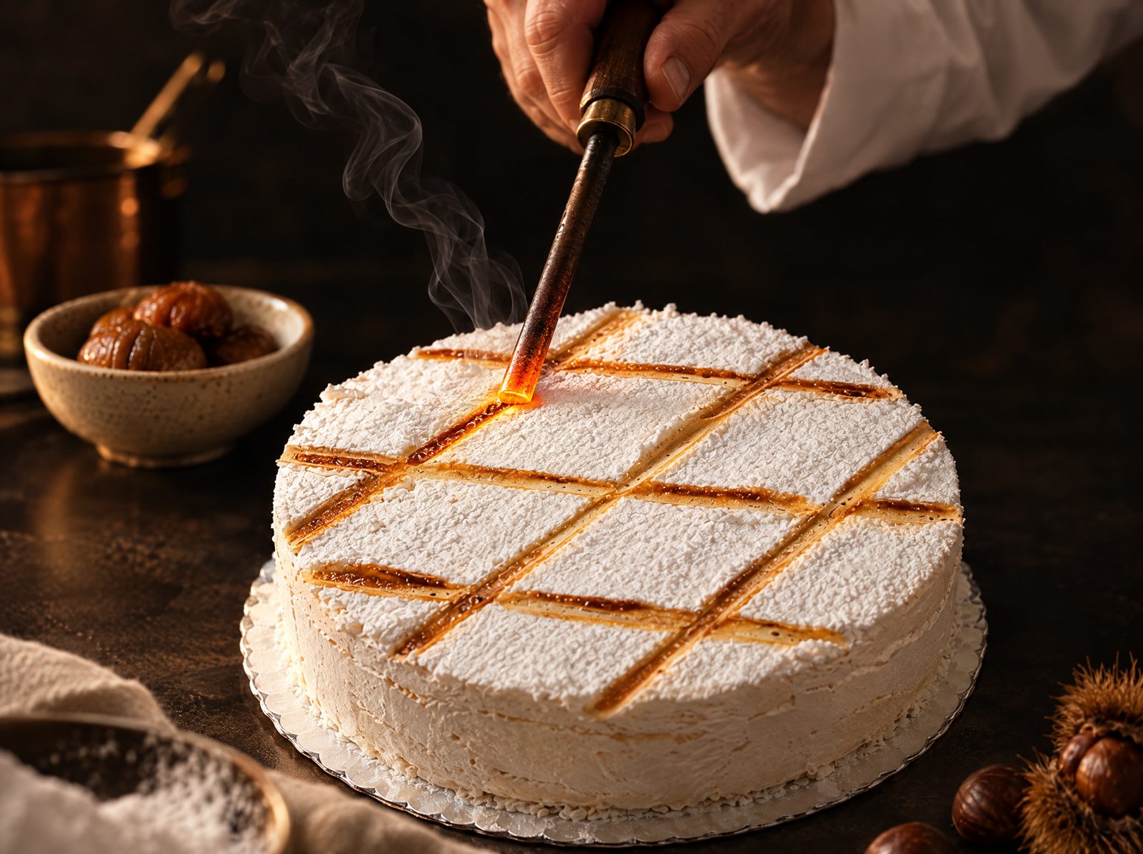 Tostando la celosía de azúcar glacé con hierro caliente