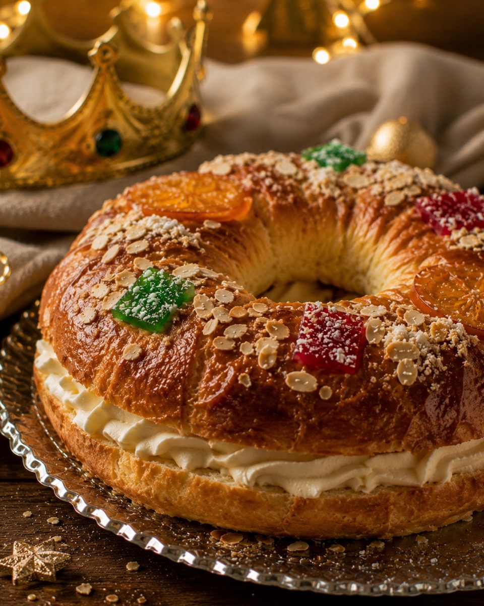 Roscón de Reyes con corona dorada